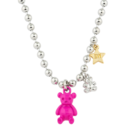 Silver Bead Necklace with Pink Teddy Pendant